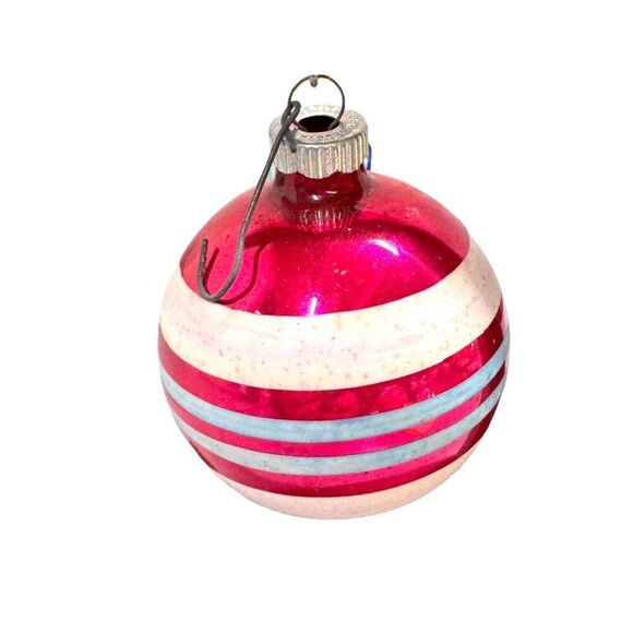 Vintage Shiny Brite Pink & White Striped Glass Christmas Ornaments Set Of 2 Lot - Picture 3 of 6